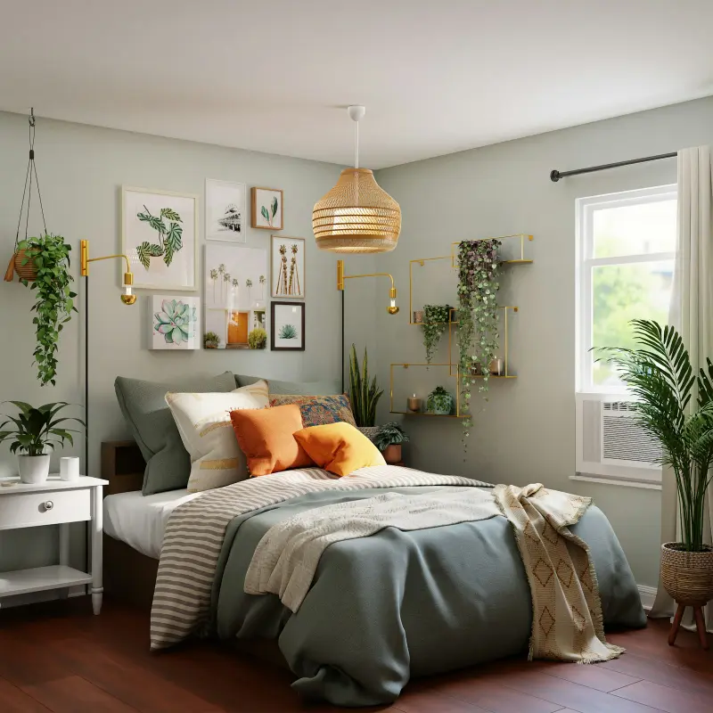 Bedroom with green linens and plants