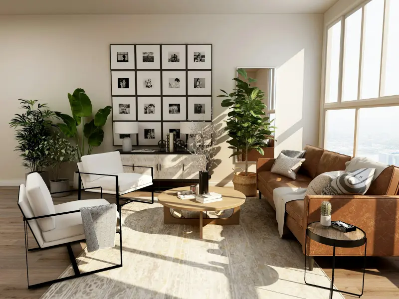 Bright living room with large windows and a gallery wall